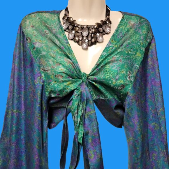 SILK Bolero Top Crop Top Coverup Silk Blazer Short Jacket Butterfly Sleeve Top L - Picture 7 of 10